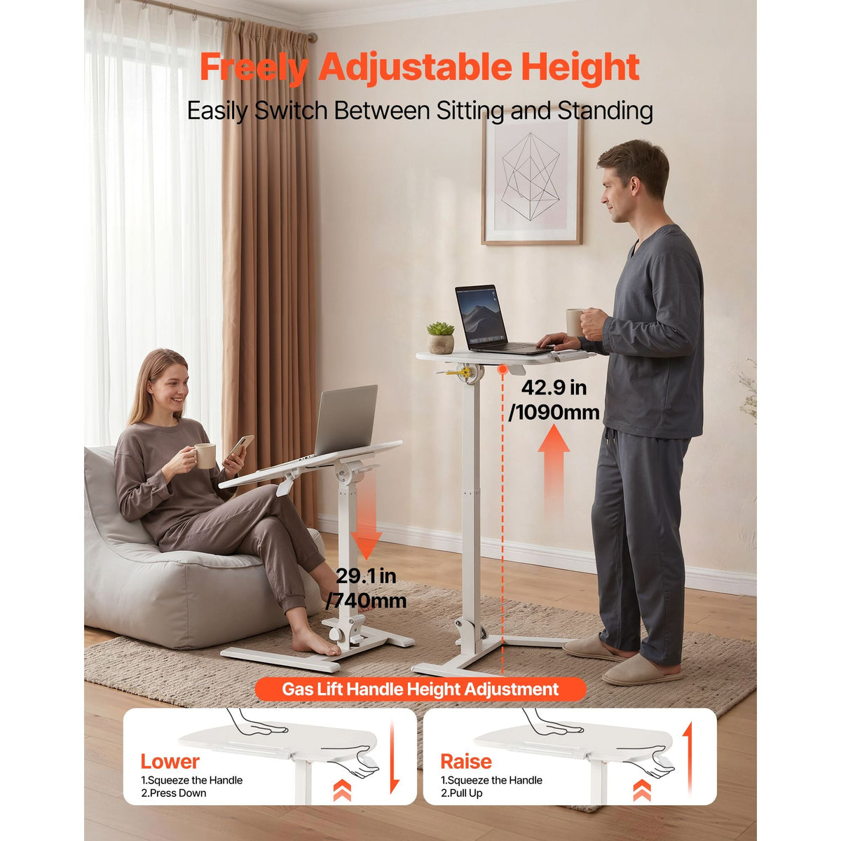 Standing Desk, Adjustable Height Mobile Stand Up Desk with Tilting Desktop, 25.6 x 19 in Small Computer Sit Stand Workstation, 33 lbs Capacity, Pneumatic Lift for Home Office, Fully Assembled