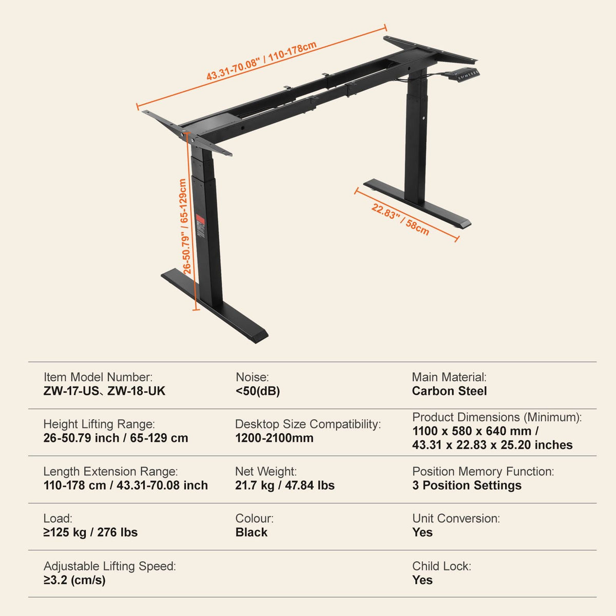 Standing Desk Frame Dual Motor, Adjustable 26"-50.8" Height & 43.3"-70.1" Length Electric Stand Up Computer Desk Legs, Ergonomic Workstation Base for Home Office 3 Positions (Black Frame Only)