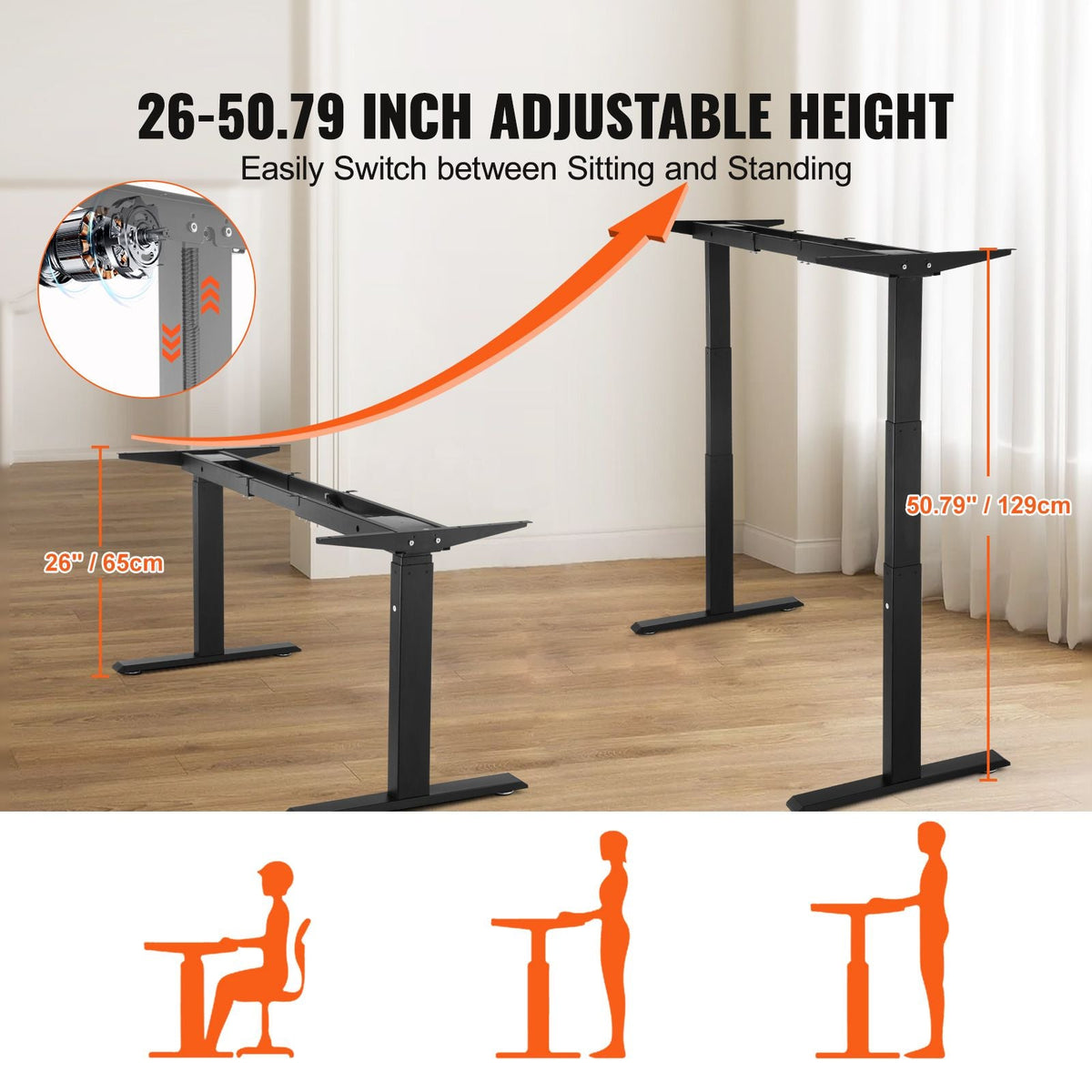 Standing Desk Frame Dual Motor, Adjustable 26"-50.8" Height & 43.3"-70.1" Length Electric Stand Up Computer Desk Legs, Ergonomic Workstation Base for Home Office 3 Positions (Black Frame Only)