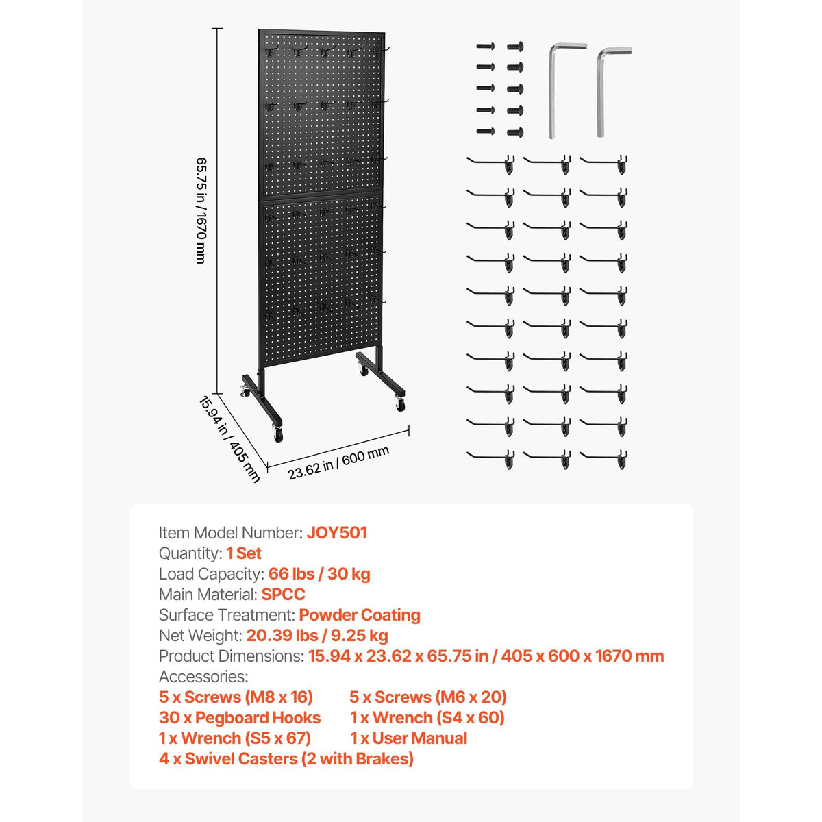 Standing Pegboard Display, 23.6 x 63 in Pegboard Display Stand with Swivel Casters and 30 Hooks, Thickened Cold-Rolled Steel Peg Board Panel for Grocery, Retail Store and Jewelry Shop, Black