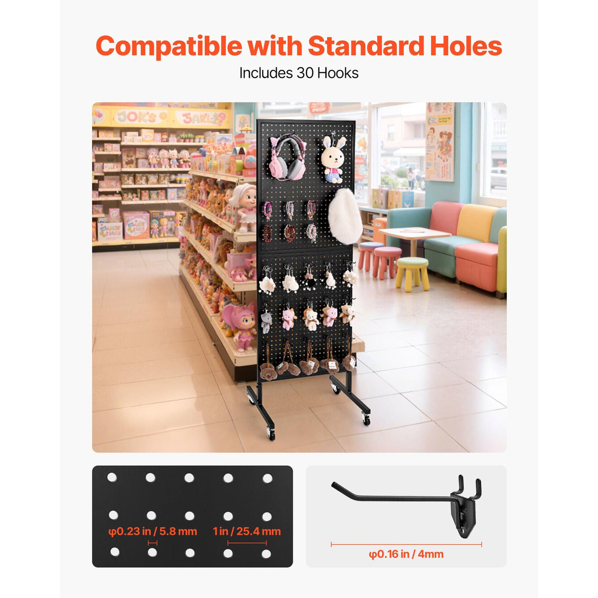 Standing Pegboard Display, 23.6 x 63 in Pegboard Display Stand with Swivel Casters and 30 Hooks, Thickened Cold-Rolled Steel Peg Board Panel for Grocery, Retail Store and Jewelry Shop, Black