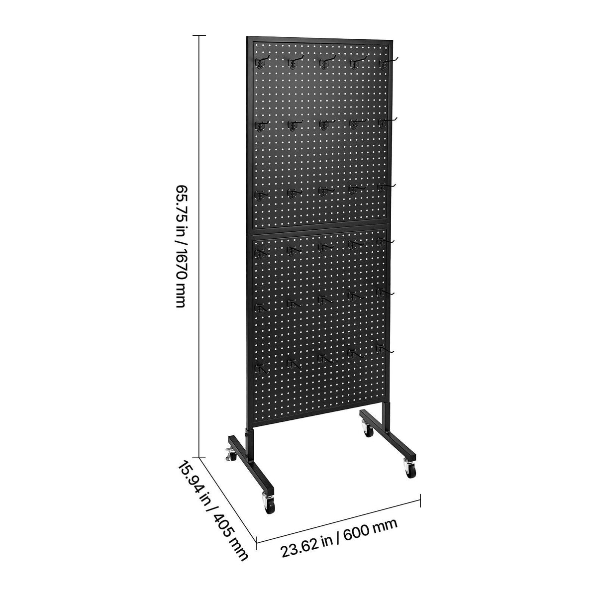 Standing Pegboard Display, 23.6 x 63 in Pegboard Display Stand with Swivel Casters and 30 Hooks, Thickened Cold-Rolled Steel Peg Board Panel for Grocery, Retail Store and Jewelry Shop, Black