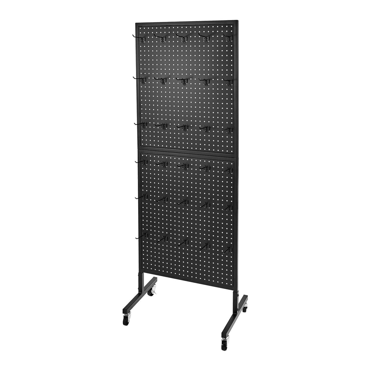 Standing Pegboard Display, 23.6 x 63 in Pegboard Display Stand with Swivel Casters and 30 Hooks, Thickened Cold-Rolled Steel Peg Board Panel for Grocery, Retail Store and Jewelry Shop, Black