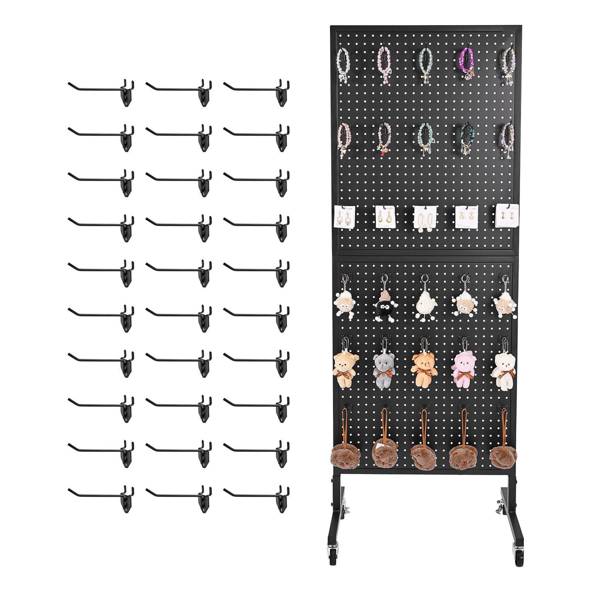 Standing Pegboard Display, 23.6 x 63 in Pegboard Display Stand with Swivel Casters and 30 Hooks, Thickened Cold-Rolled Steel Peg Board Panel for Grocery, Retail Store and Jewelry Shop, Black