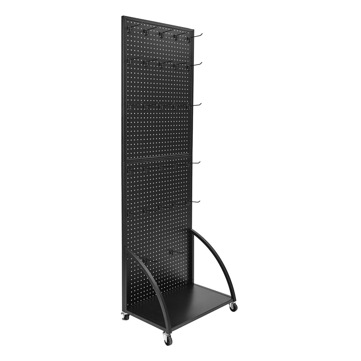 Standing Pegboard Display with Base Plate, 23.7 x 66 in Pegboard Display Stand with Casters and 30 Hooks, Thickened Cold-Rolled Steel Peg Board Panel for Retail Store and Jewelry Shop, Black