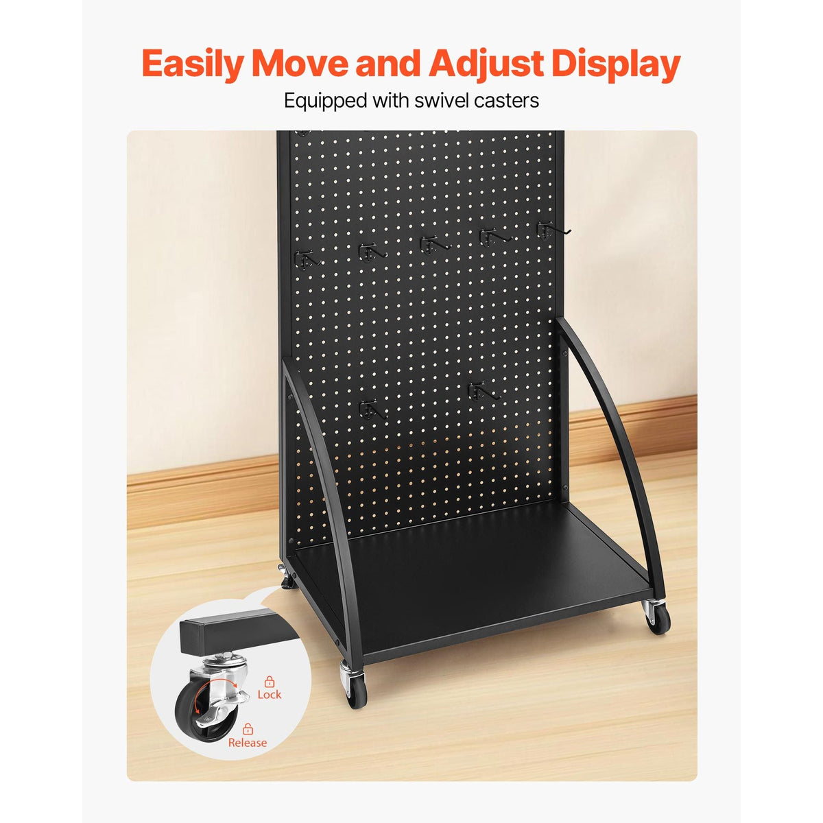 Standing Pegboard Display with Base Plate, 23.7 x 66 in Pegboard Display Stand with Casters and 30 Hooks, Thickened Cold-Rolled Steel Peg Board Panel for Retail Store and Jewelry Shop, Black