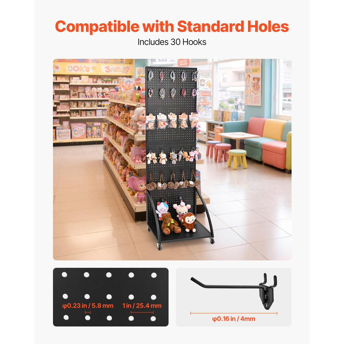 Standing Pegboard Display with Base Plate, 23.7 x 66 in Pegboard Display Stand with Casters and 30 Hooks, Thickened Cold-Rolled Steel Peg Board Panel for Retail Store and Jewelry Shop, Black