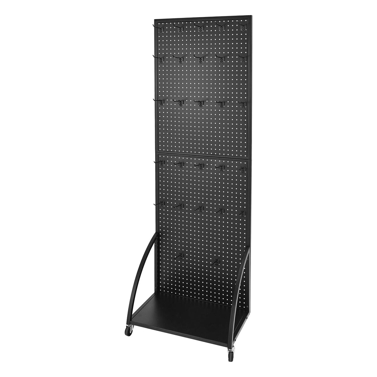 Standing Pegboard Display with Base Plate, 23.7 x 66 in Pegboard Display Stand with Casters and 30 Hooks, Thickened Cold-Rolled Steel Peg Board Panel for Retail Store and Jewelry Shop, Black