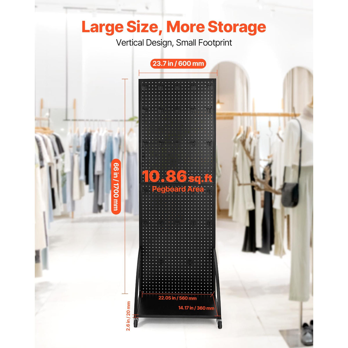 Standing Pegboard Display with Base Plate, 23.7 x 66 in Pegboard Display Stand with Casters and 30 Hooks, Thickened Cold-Rolled Steel Peg Board Panel for Retail Store and Jewelry Shop, Black