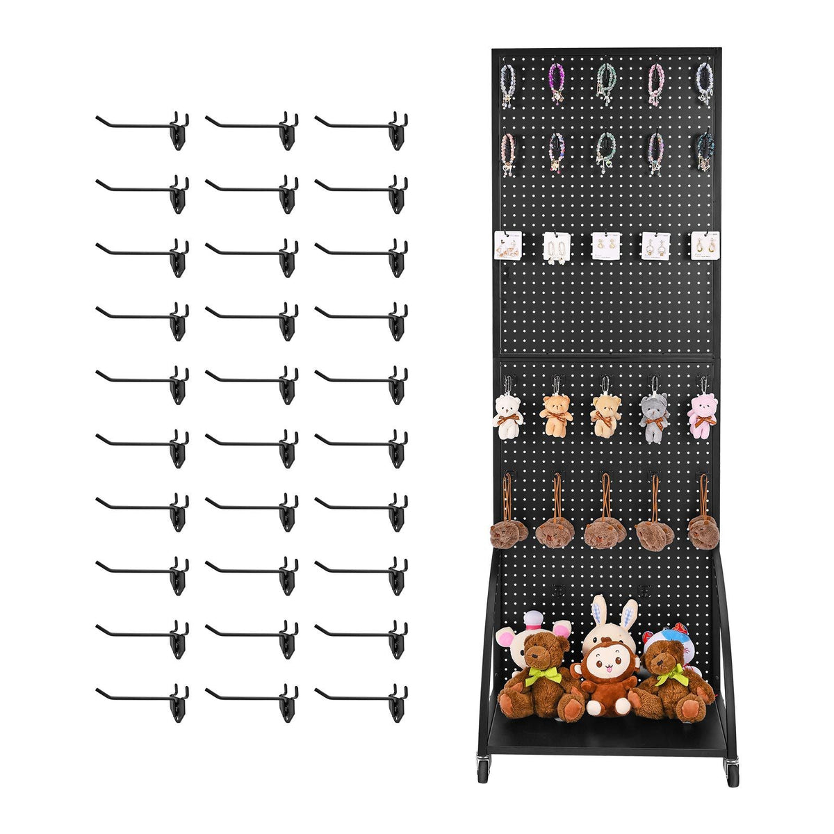 Standing Pegboard Display with Base Plate, 23.7 x 66 in Pegboard Display Stand with Casters and 30 Hooks, Thickened Cold-Rolled Steel Peg Board Panel for Retail Store and Jewelry Shop, Black