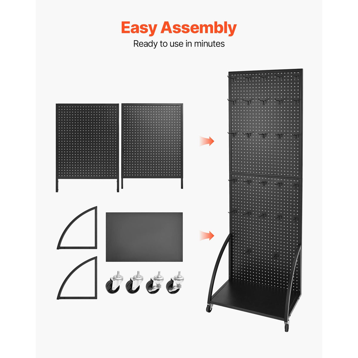 Standing Pegboard Display with Base Plate, 23.7 x 66 in Pegboard Display Stand with Casters and 30 Hooks, Thickened Cold-Rolled Steel Peg Board Panel for Retail Store and Jewelry Shop, Black