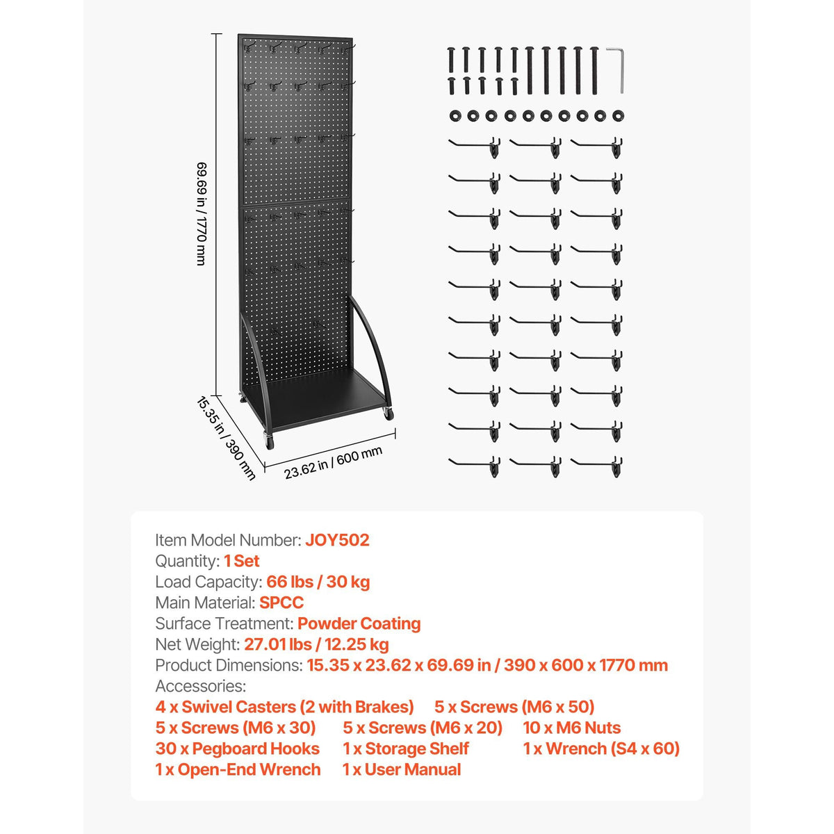 Standing Pegboard Display with Base Plate, 23.7 x 66 in Pegboard Display Stand with Casters and 30 Hooks, Thickened Cold-Rolled Steel Peg Board Panel for Retail Store and Jewelry Shop, Black