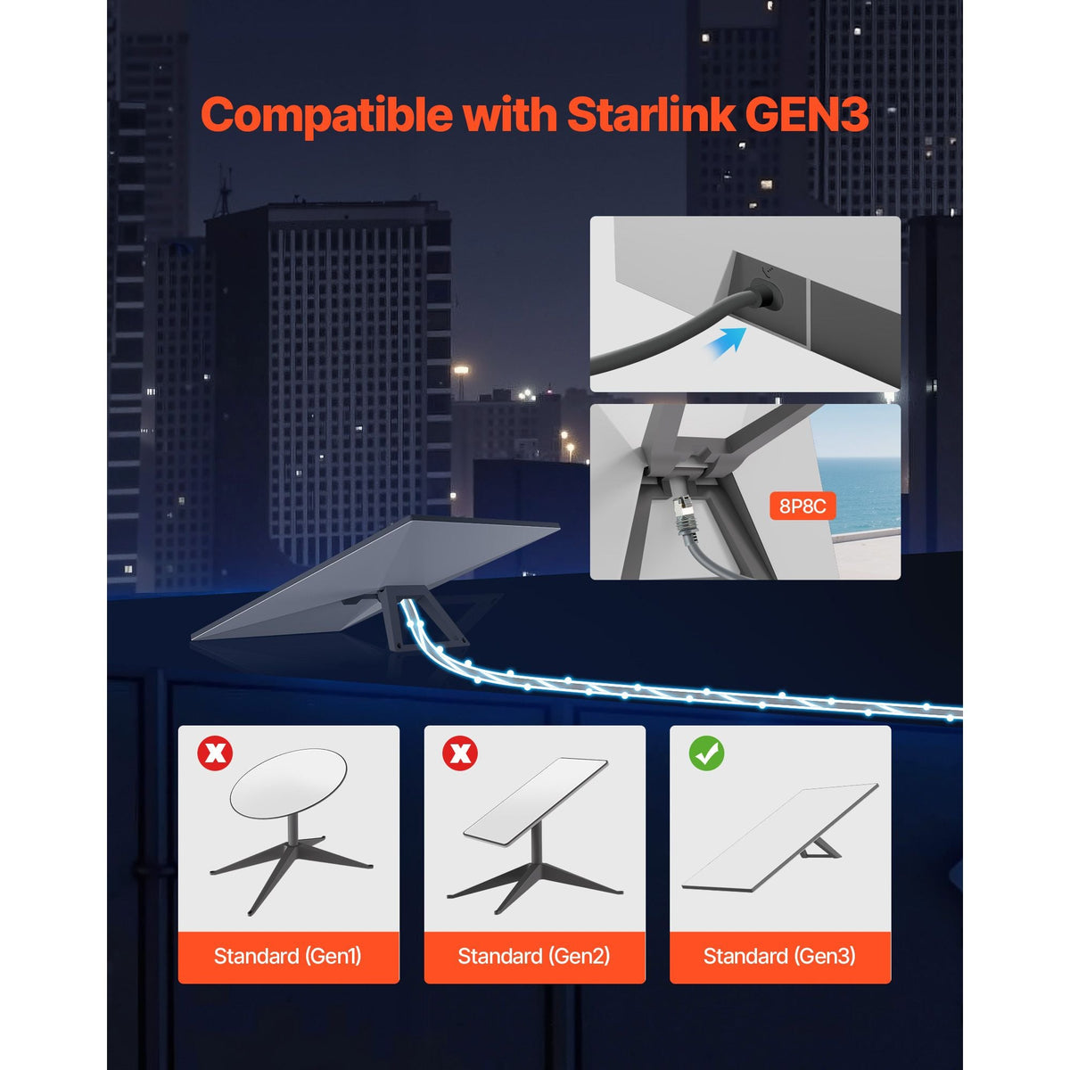 Starlink Gen 3 Cable, 100 FT, 24 AWG Copper Core, Durable Extension Cable for Standard Generation 3, Compatible with Starlink Rectangular Satellite V3, Flexible Wiring for RV, Backyard, Camping