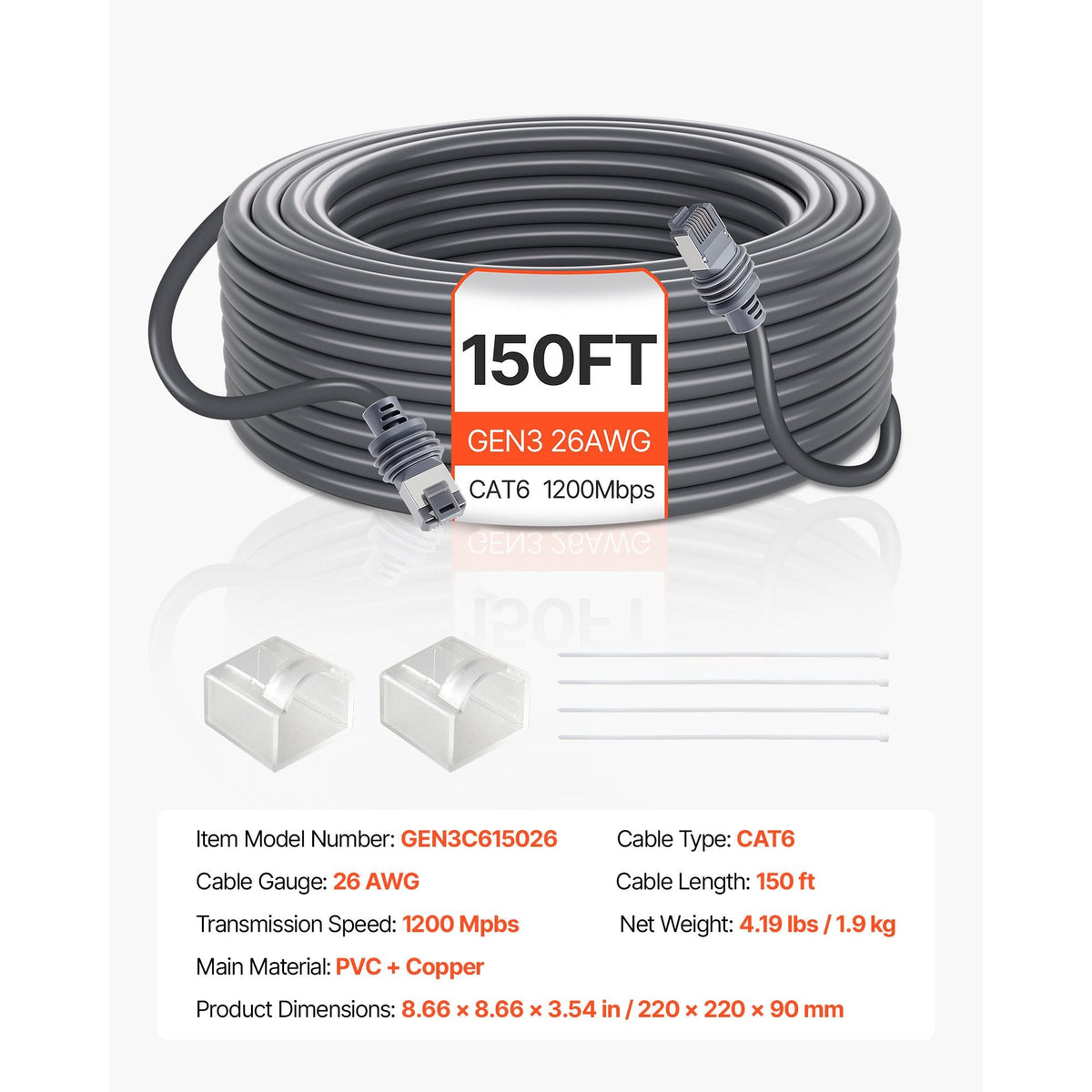 Starlink Gen 3 Cable, 150 FT, 26 AWG Copper Core, Durable Extension Cable for Standard Generation 3, Compatible with Starlink Rectangular Satellite V3, Flexible Wiring for RV, Backyard, Camping