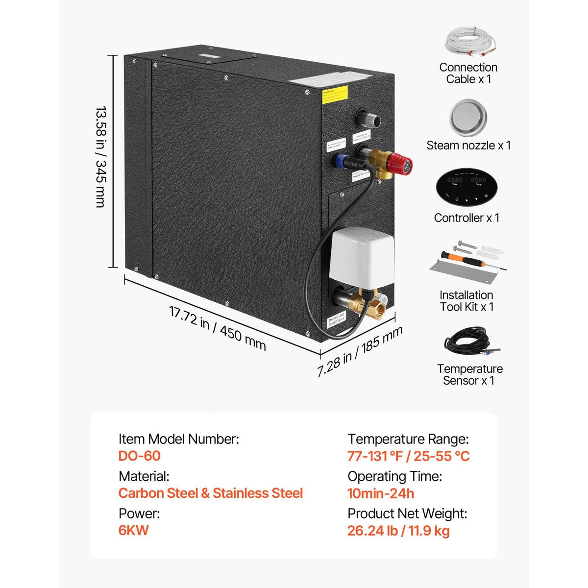 Steam Generator, 6 kW Steam Shower System with Controller for Home Sauna Bath Spa, Commercial Auto Drain Kit with Overheat, Dry-Run & Overpressure Protection, 10 Min to 24h Efficient, Black