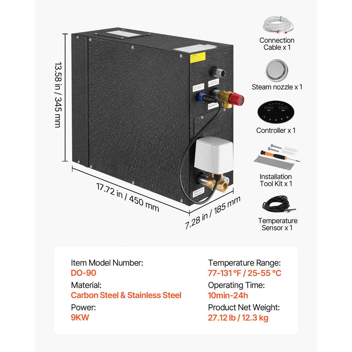 Steam Generator, 9 kW Steam Shower System with Controller for Home Sauna Bath Spa, Commercial Auto Drain Kit with Overheat, Dry-Run & Overpressure Protection, 10 Min to 24h Efficient, Black
