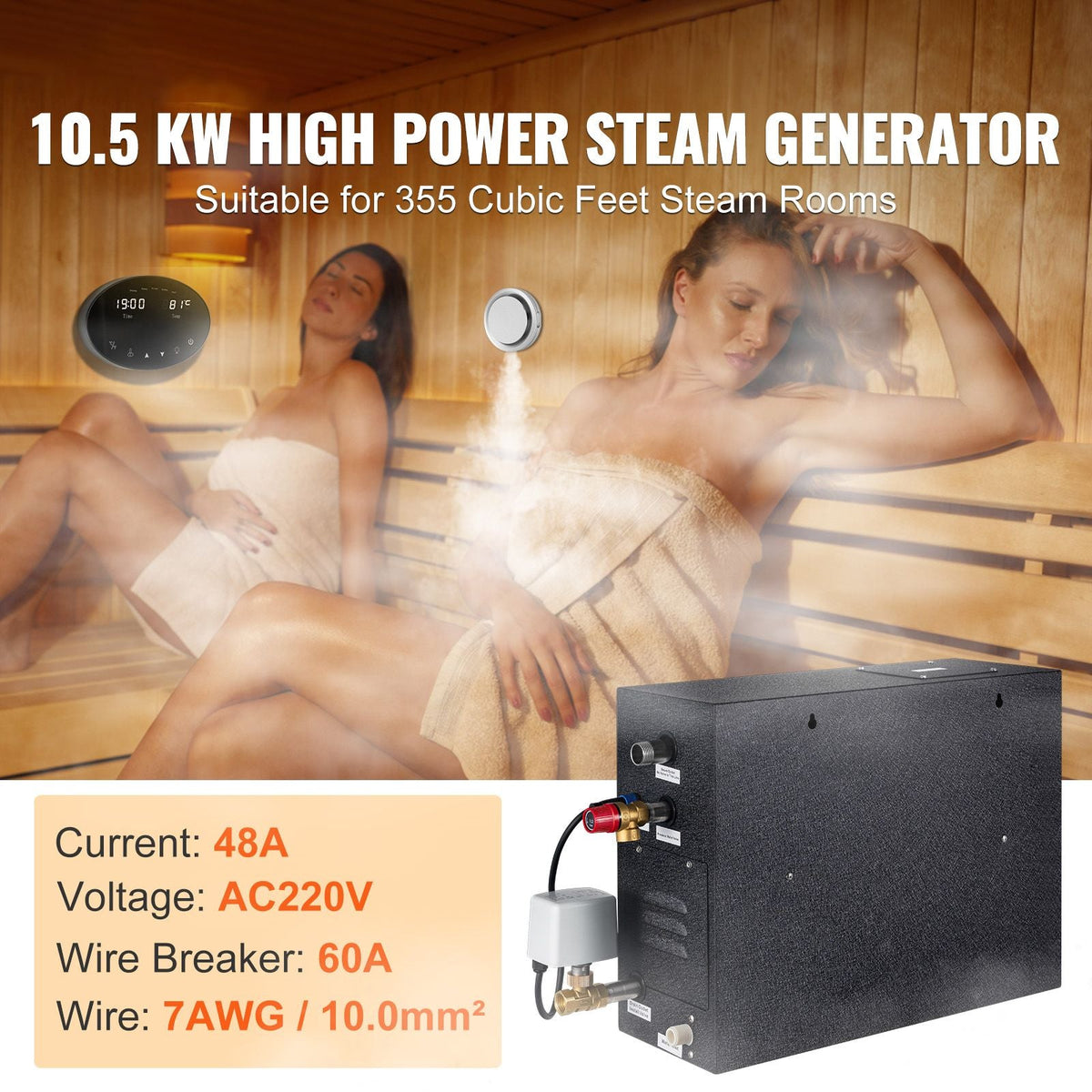 Steam Shower Generator, 10.5 kW, Segmented Heating & Temperature Customization & 24h Timer Steam Bath Kit, Automatic Drainage Luxury Home Steam Shower System, Acrylic Tested to UL Standards