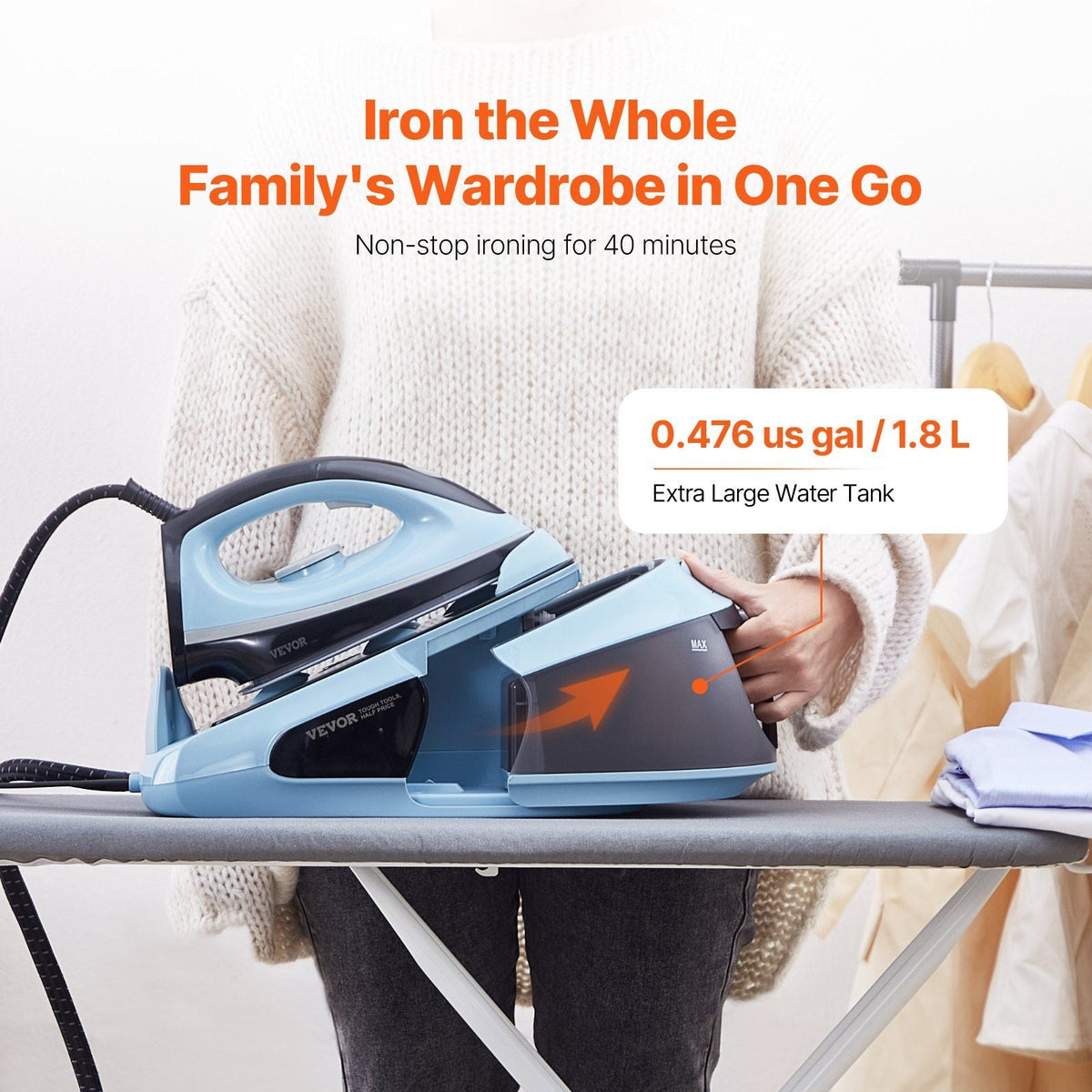 Steam Station, 1700W Steam Iron for Clothes with 1.8L Large Capacity Water Tank, Aluminum Alloy + Ceramic Glaze Soleplate, Auto Shut-Off, 4 Temperature Settings, Clothing Iron for Home Ironing