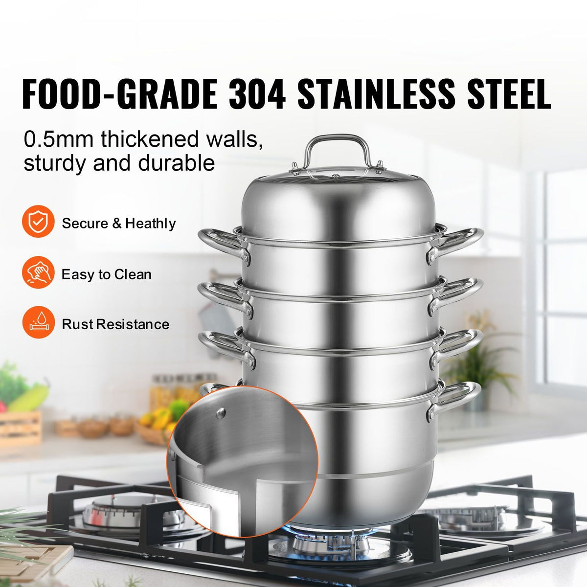 Steamer Pot 11in/28cm, 5 Tier Steamer Pot for Cooking with 8.5QT Stock Pot, 3 Vegetable Steamers & 2 Steaming Trays, Food-Grade 304 Stainless Steel Food Steamer Cookware for Gas Electric Stove