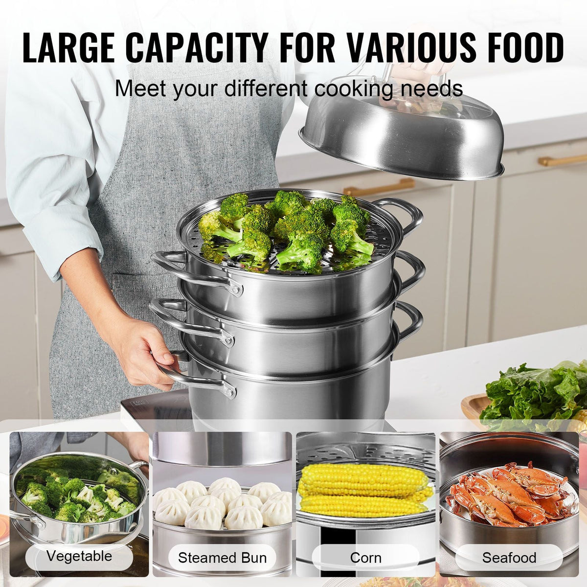 Steamer Pot 11in/28cm, 5 Tier Steamer Pot for Cooking with 8.5QT Stock Pot, 3 Vegetable Steamers & 2 Steaming Trays, Food-Grade 304 Stainless Steel Food Steamer Cookware for Gas Electric Stove