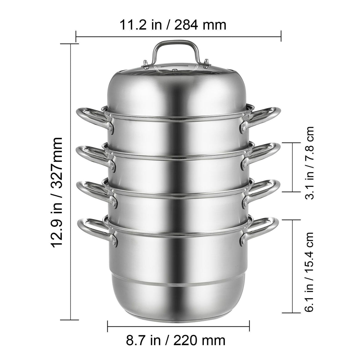 Steamer Pot 11in/28cm, 5 Tier Steamer Pot for Cooking with 8.5QT Stock Pot, 3 Vegetable Steamers & 2 Steaming Trays, Food-Grade 304 Stainless Steel Food Steamer Cookware for Gas Electric Stove