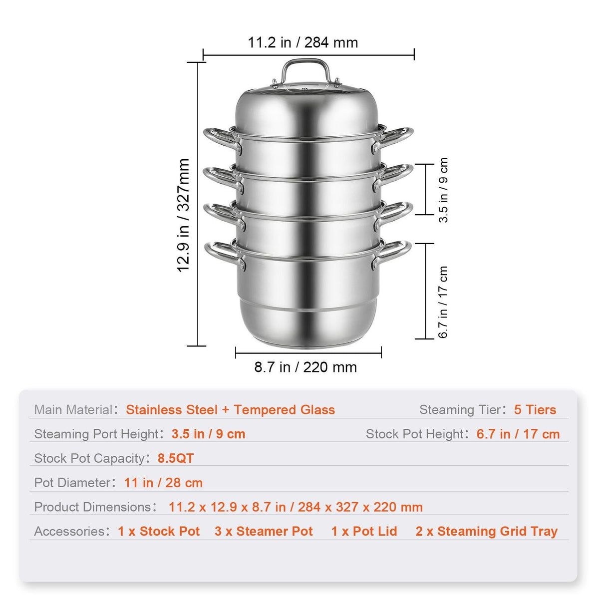 Steamer Pot 11in/28cm, 5 Tier Steamer Pot for Cooking with 8.5QT Stock Pot, 3 Vegetable Steamers & 2 Steaming Trays, Food-Grade 304 Stainless Steel Food Steamer Cookware for Gas Electric Stove