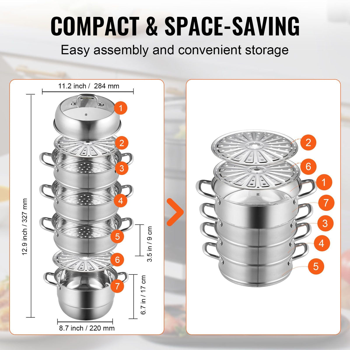 Steamer Pot 11in/28cm, 5 Tier Steamer Pot for Cooking with 8.5QT Stock Pot, 3 Vegetable Steamers & 2 Steaming Trays, Food-Grade 304 Stainless Steel Food Steamer Cookware for Gas Electric Stove