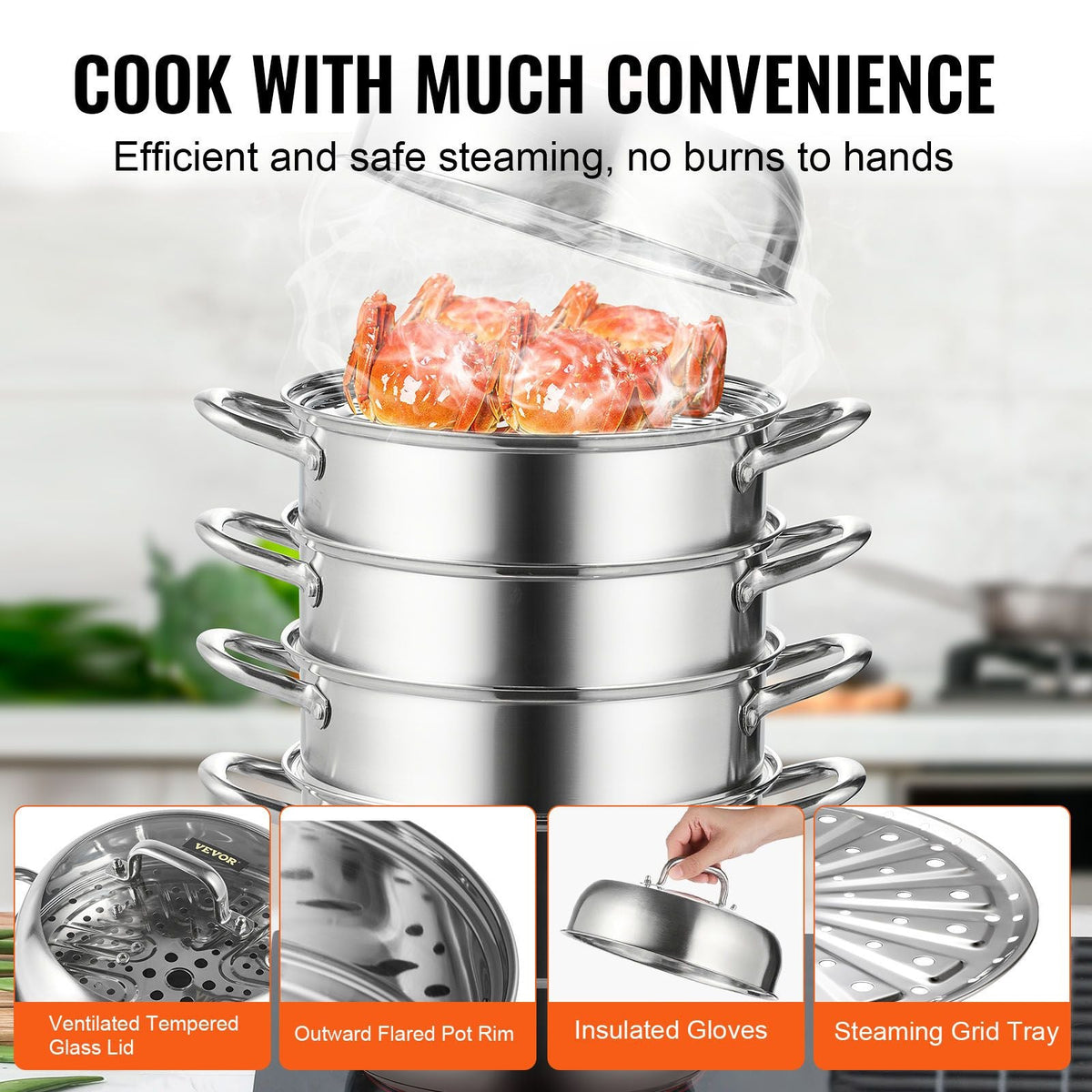 Steamer Pot 11in/28cm, 5 Tier Steamer Pot for Cooking with 8.5QT Stock Pot, 3 Vegetable Steamers & 2 Steaming Trays, Food-Grade 304 Stainless Steel Food Steamer Cookware for Gas Electric Stove