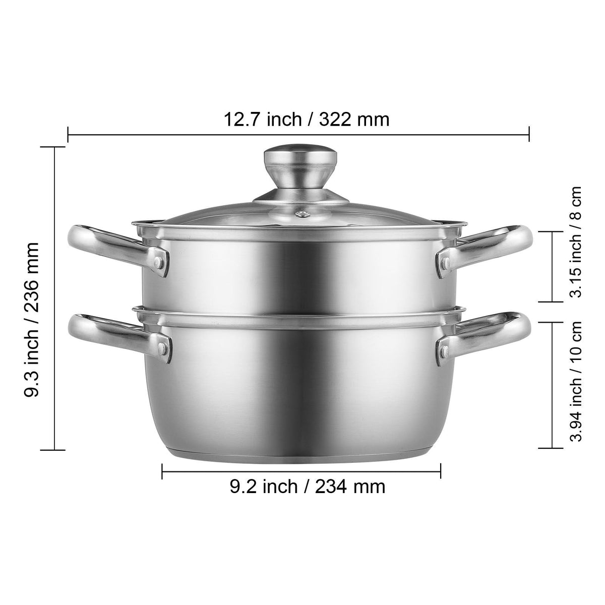 Steamer Pot, 8.66in/22cm Steamer Pot for Cooking with 3QT Stock Pot and Vegetable Steamer, Large Capacity Stainless Steel Food Steamer Cookware with Lid for Gas Electric Induction Grill Stove