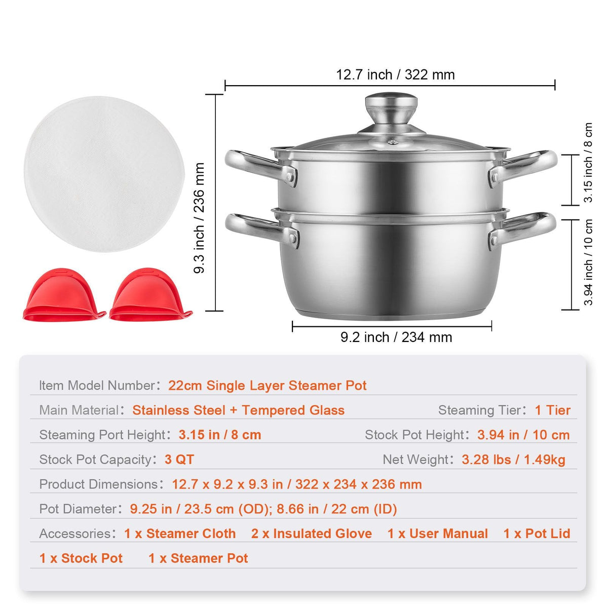 Steamer Pot, 8.66in/22cm Steamer Pot for Cooking with 3QT Stock Pot and Vegetable Steamer, Large Capacity Stainless Steel Food Steamer Cookware with Lid for Gas Electric Induction Grill Stove