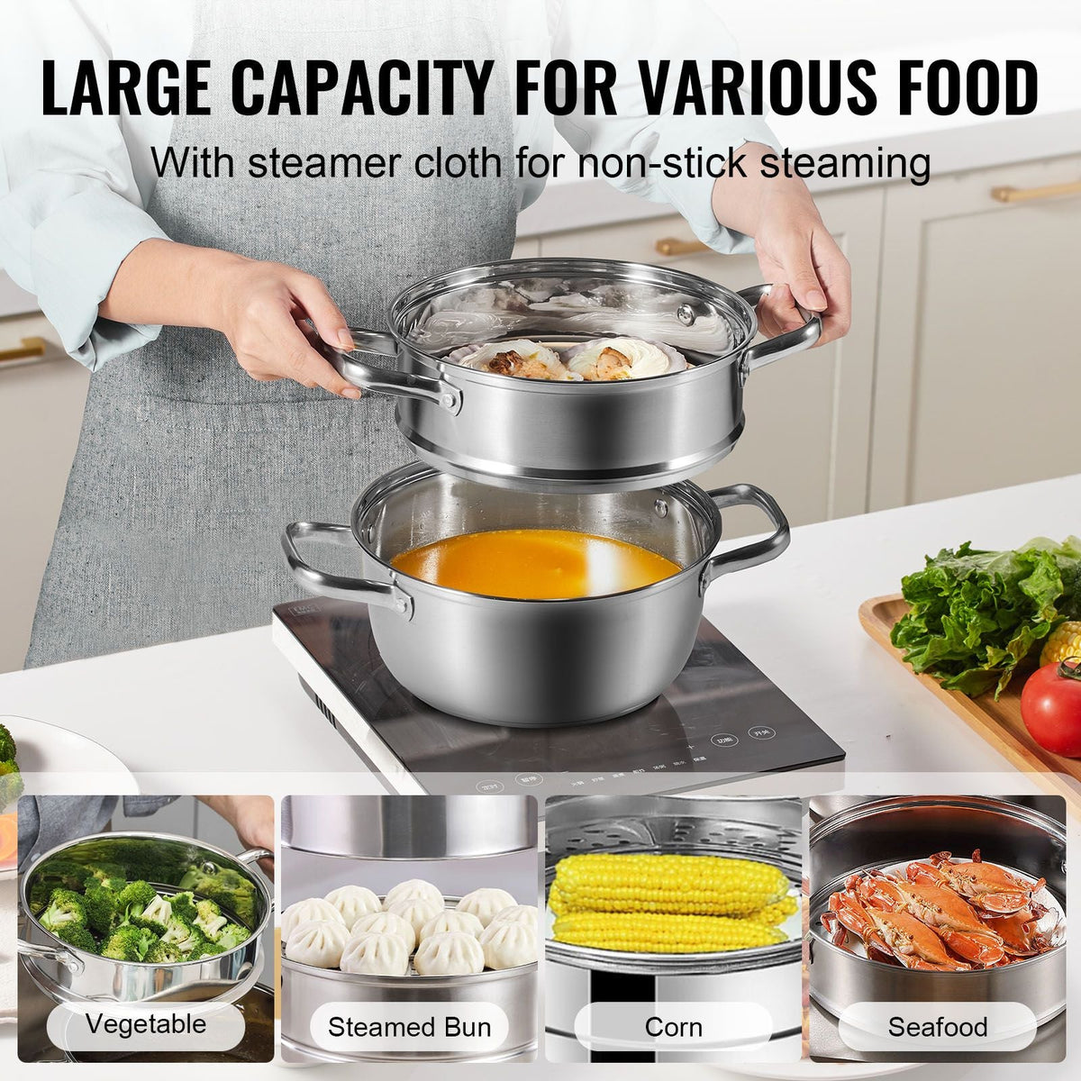 Steamer Pot, 8.66in/22cm Steamer Pot for Cooking with 3QT Stock Pot and Vegetable Steamer, Large Capacity Stainless Steel Food Steamer Cookware with Lid for Gas Electric Induction Grill Stove