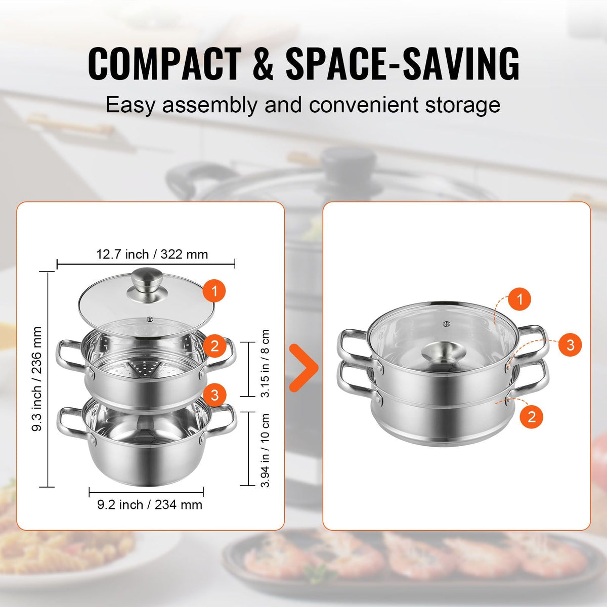 Steamer Pot, 8.66in/22cm Steamer Pot for Cooking with 3QT Stock Pot and Vegetable Steamer, Large Capacity Stainless Steel Food Steamer Cookware with Lid for Gas Electric Induction Grill Stove