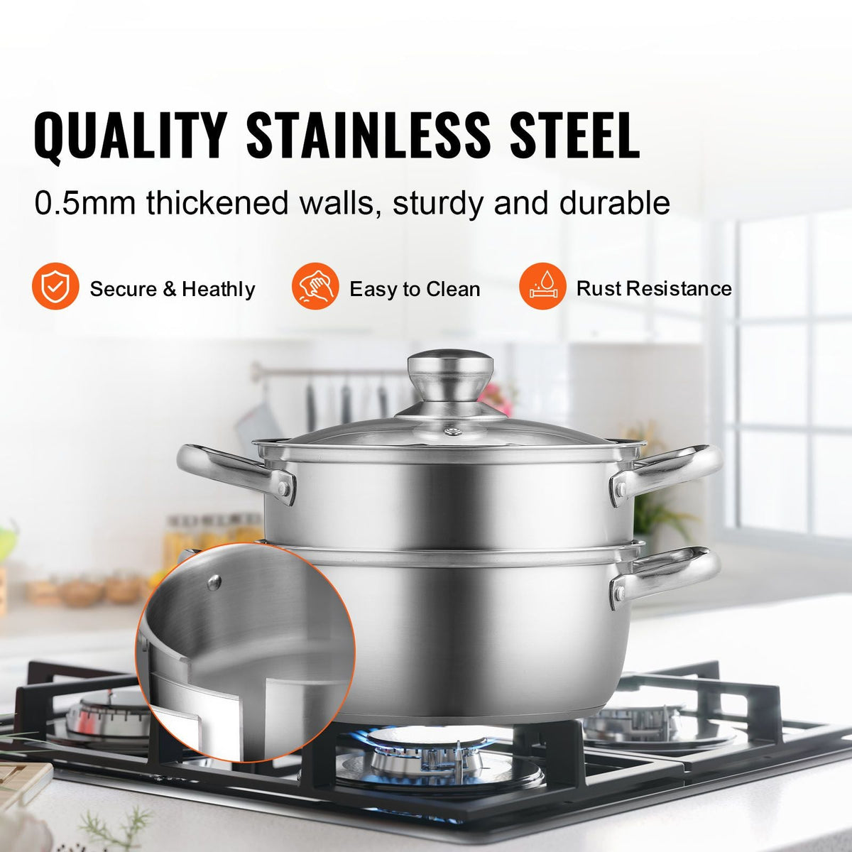 Steamer Pot, 8.66in/22cm Steamer Pot for Cooking with 3QT Stock Pot and Vegetable Steamer, Large Capacity Stainless Steel Food Steamer Cookware with Lid for Gas Electric Induction Grill Stove