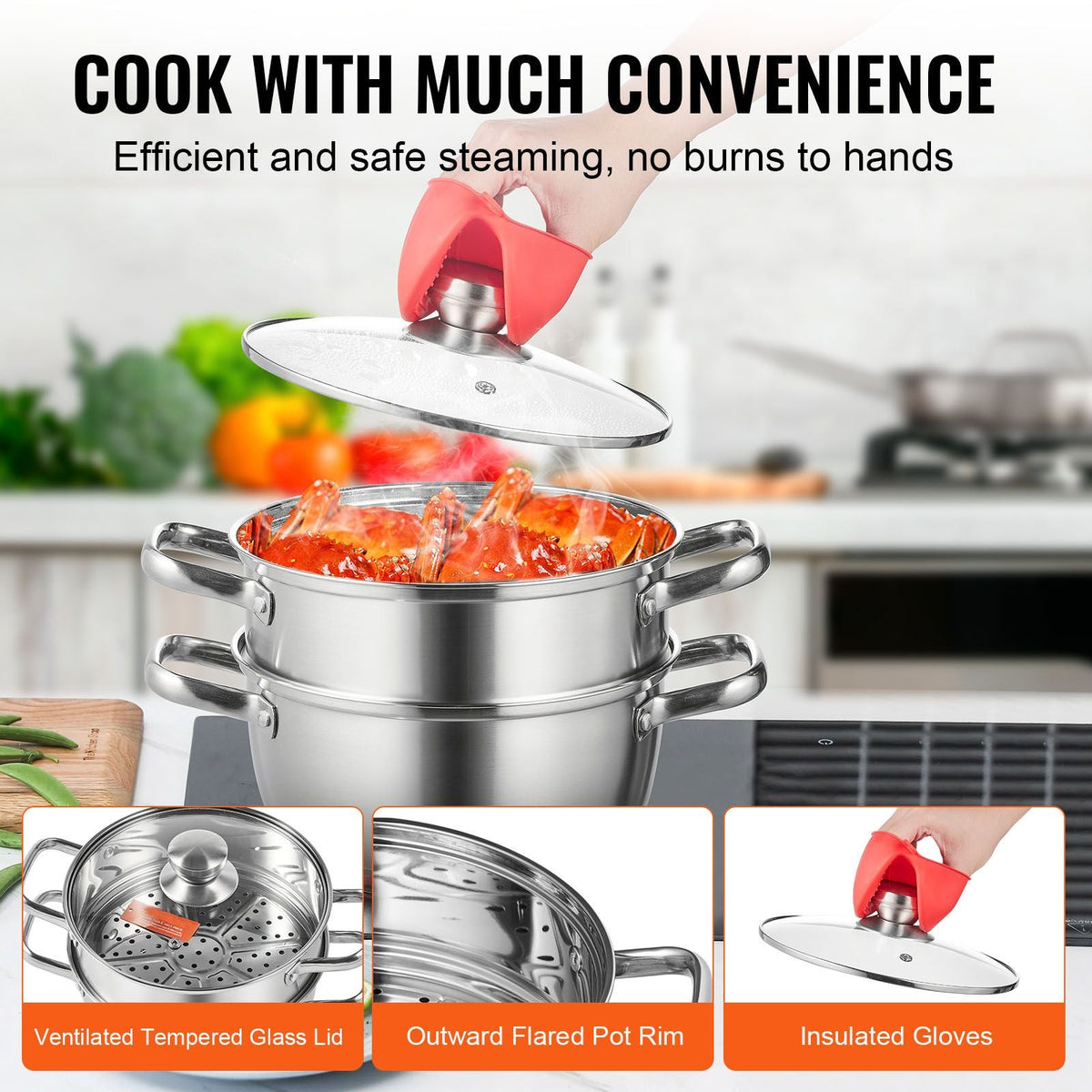 Steamer Pot, 8.66in/22cm Steamer Pot for Cooking with 3QT Stock Pot and Vegetable Steamer, Large Capacity Stainless Steel Food Steamer Cookware with Lid for Gas Electric Induction Grill Stove