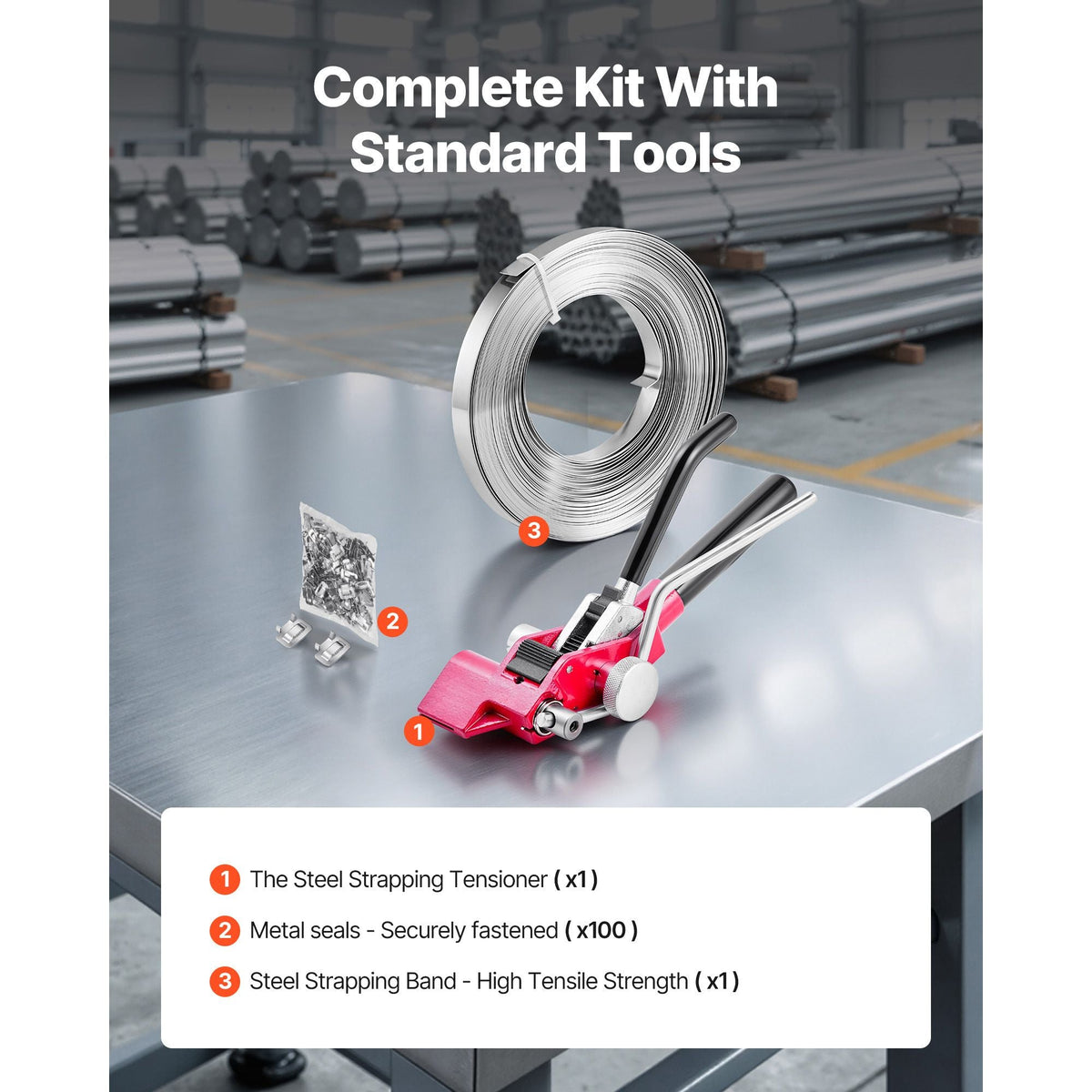 Steel Banding Strapping Kit, Heavy Duty Banding Sealer Tool with 100 ft Binding Straps, 100 Metal Clasps, Manual Pallet Packaging Strapping Kit for Warehouse, Transportation, Industrial Bundling