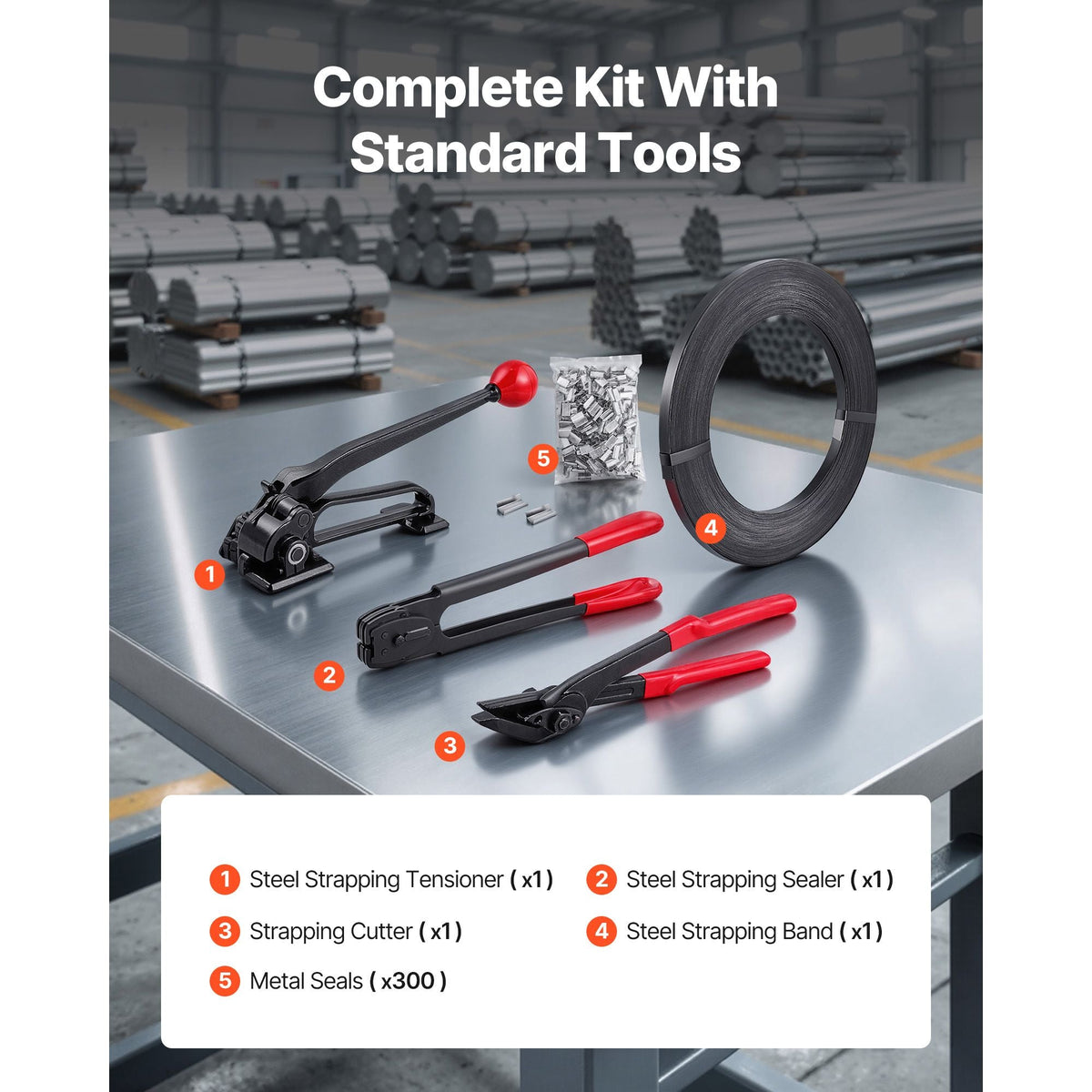Steel Banding Strapping Kit, Heavy Duty Banding Sealer Tool with 600 ft Binding Straps, 300 Metal Seals, Manual Pallet Packaging Strapping Kit for Warehouse, Transportation, Industrial Bundling