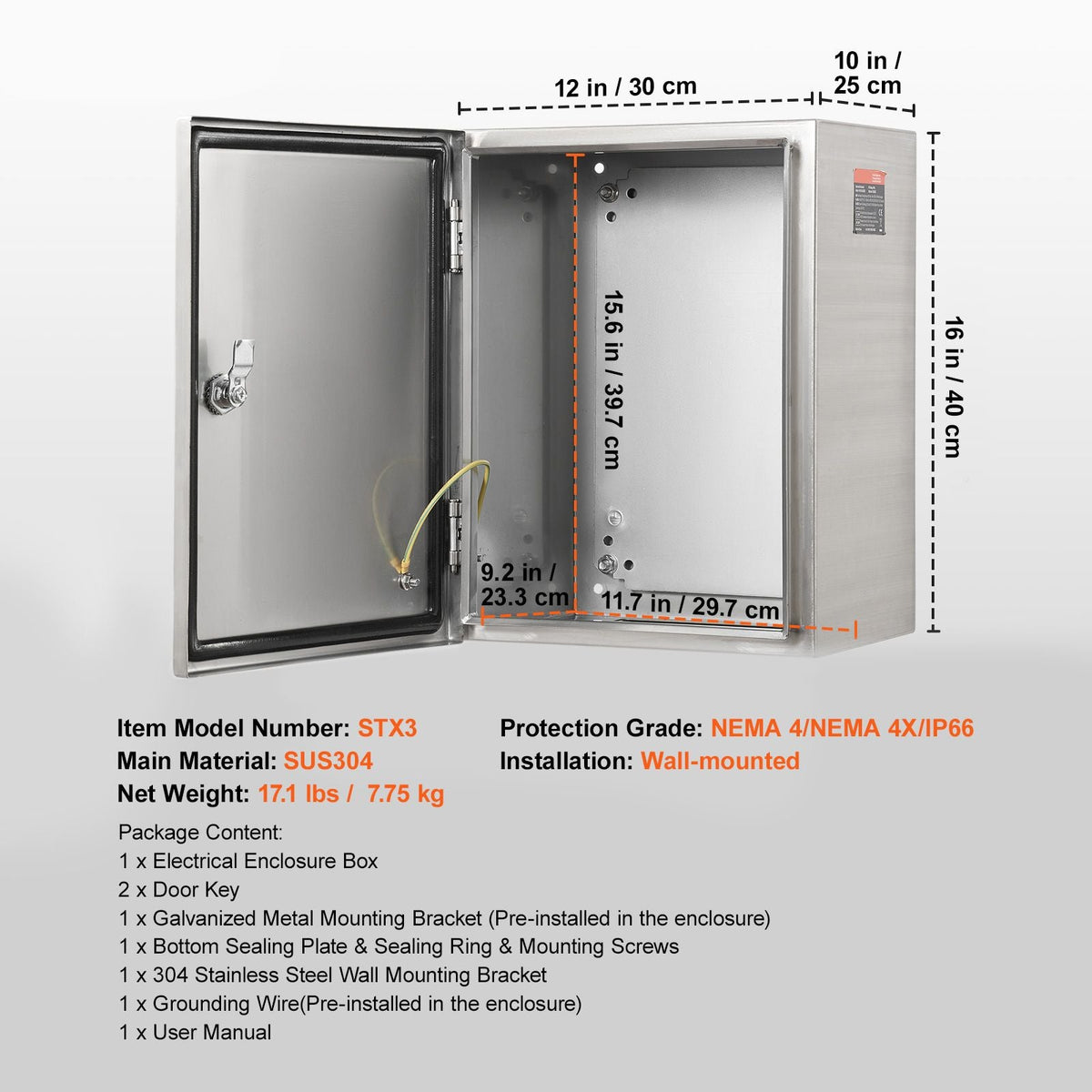 Steel Electrical Box, 16"x 12"x 10", 304 Stainless Steel Electrical Enclosure Box, Wall-Mounted Outdoor Electrical Electronic Equipment Enclosure with Mounting Plate Hinges Lock, IP66 Waterproof