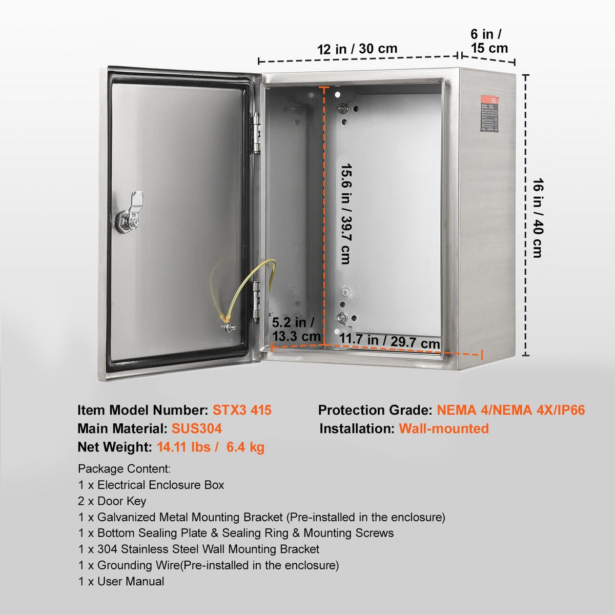 Steel Electrical Box, 16"x 12"x 6", 304 Stainless Steel Electrical Enclosure Box, Wall-Mounted Outdoor Electrical Electronic Equipment Enclosure with Mounting Plate Hinges Lock, IP66 Waterproof
