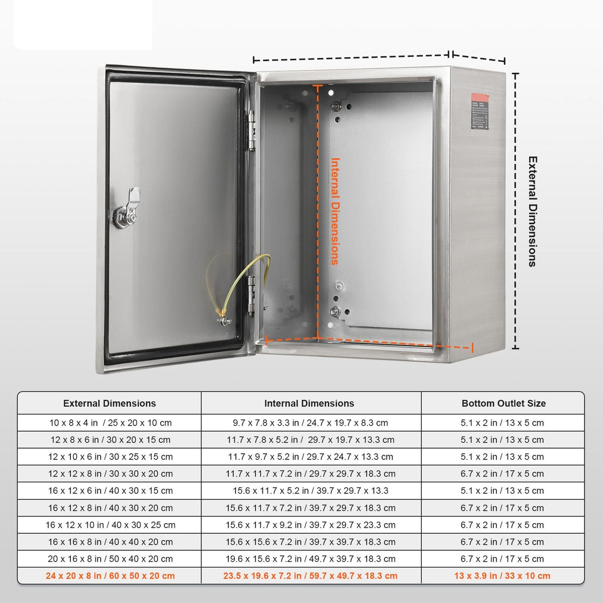 Steel Electrical Box, 24"x 20"x 8", 304 Stainless Steel Electrical Enclosure Box, Wall-Mounted Outdoor Electrical Electronic Equipment Enclosure with Mounting Plate Hinges Lock, IP66 Waterproof