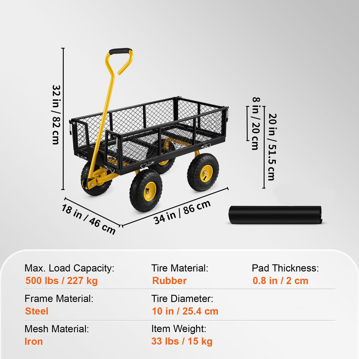 Steel Garden Cart, Heavy Duty 500 lbs Capacity, with Removable Mesh Sides to Convert into Flatbed, Utility Metal Wagon with 180° Rotating Handle and 10 in Tires, Perfect for Garden, Farm, Yard