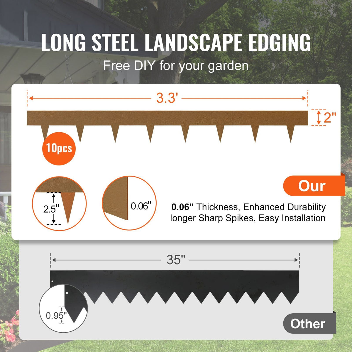 Steel Landscape Edging, 10-pack Steel Garden Edging Borders, 39.6" L x 2" H Strips, Hammer-in Edging Border, Bendable Metal Landscape Edging for Yard, Garden, 2.5" Spike Height, Rustic Brown