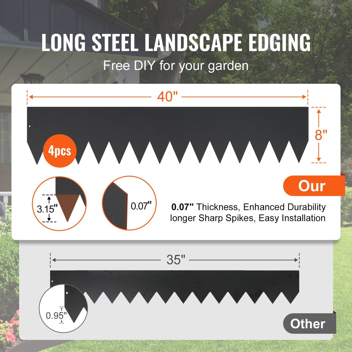 Steel Landscape Edging, 4-pack Steel Garden Edging Borders, 40" L x 8" H Strips, Hammer-in Edging Border with 6 Clips, Bendable Metal Landscape Edging for Yard, Garden, Lawn