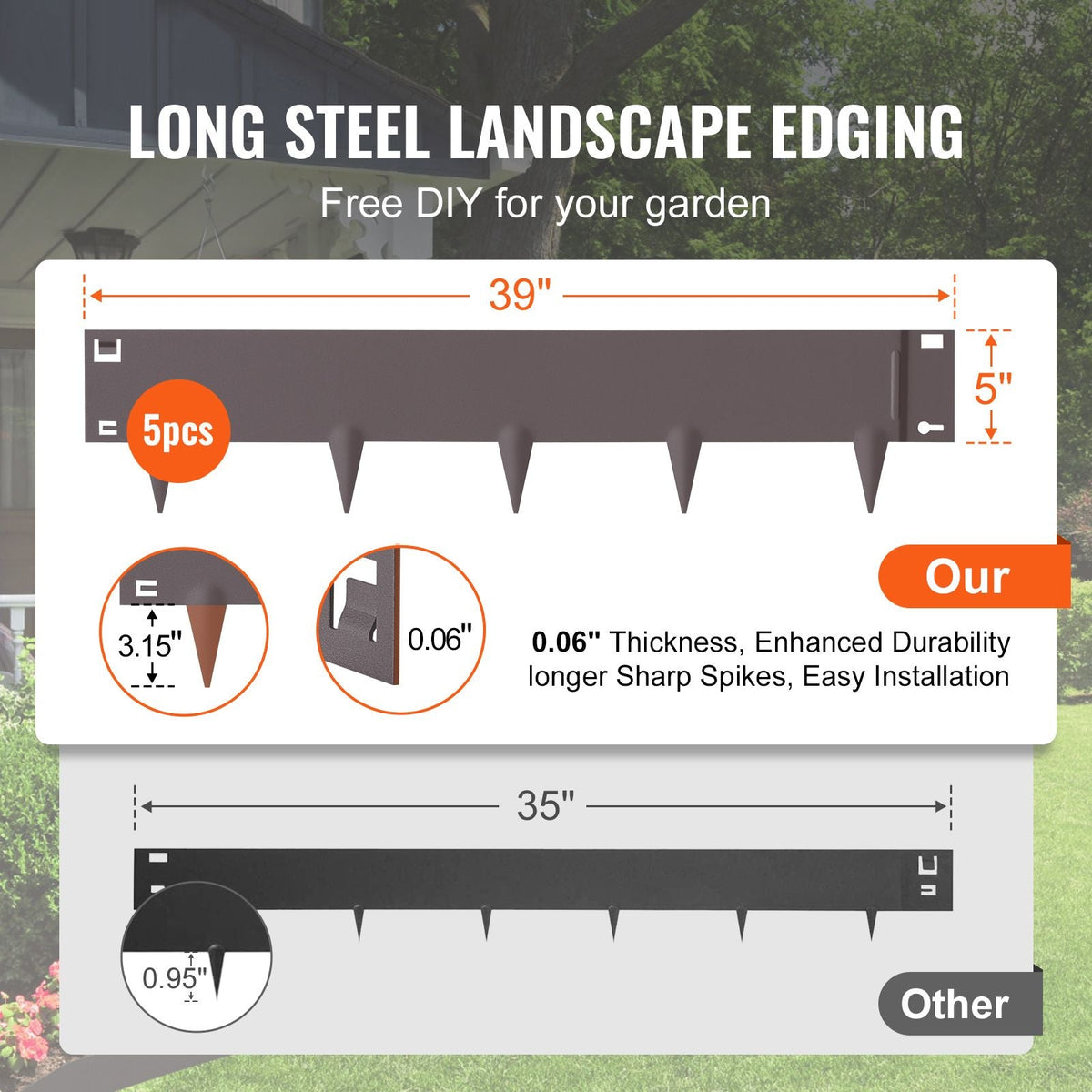 Steel Landscape Edging, 5-pack Steel Garden Edging Borders, 39" L x 5" H Strips, Hammer-in Edging Border, Bendable Metal Landscape Edging for Yard, Garden, Lawn, 3.15" Spike Height, Brown