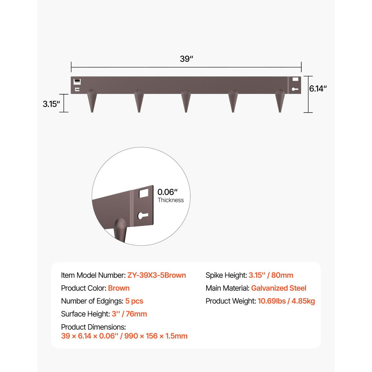 Steel Landscape Edging, 5 Packs 39 x 3 in Rust-Resistant Metal Landscape Edging, Bendable Garden Edging Border, Heavy Duty Lawn Edging, Easy-to-Install, Flower Bed Yard Pathway Divider Brown