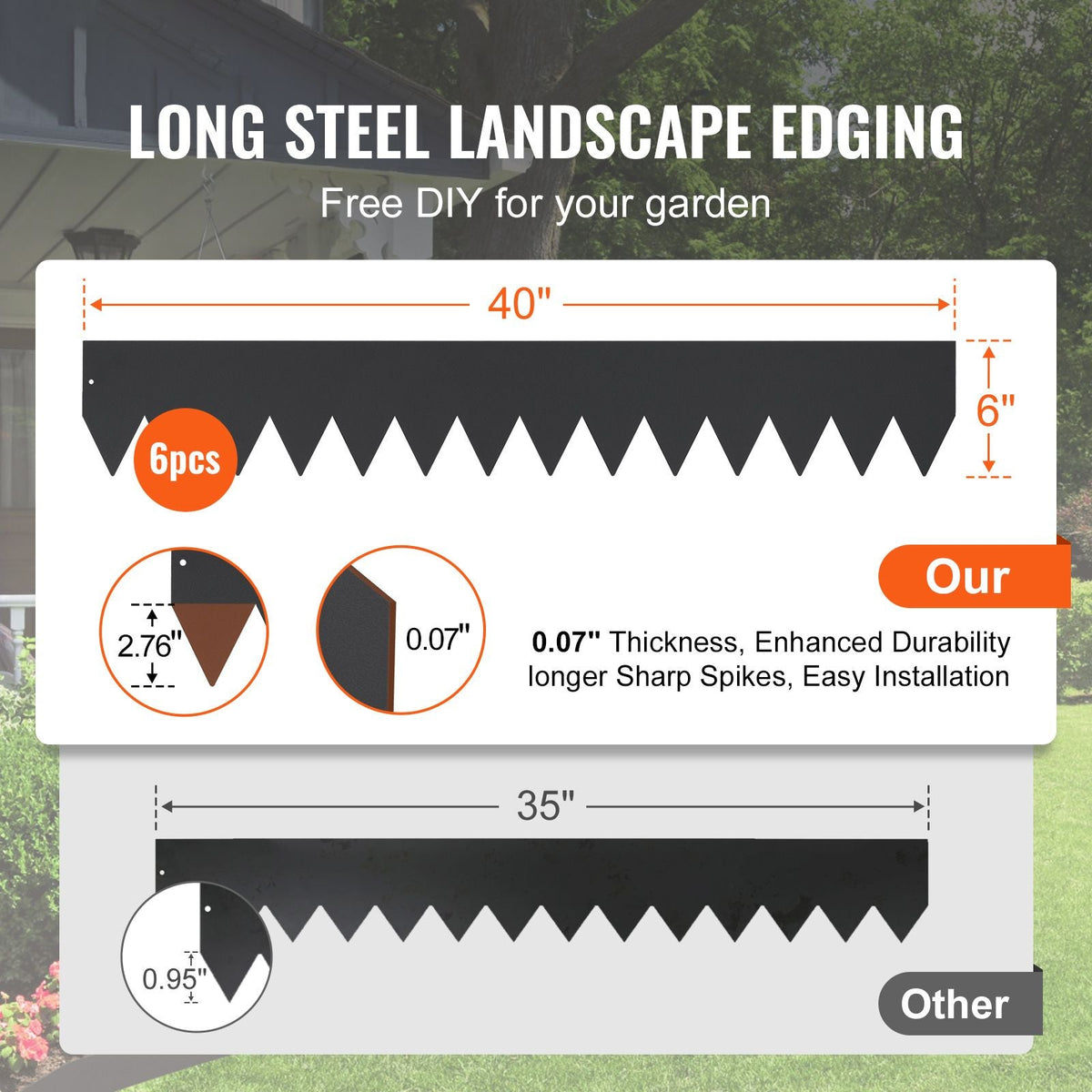 Steel Landscape Edging, 6-pack Steel Garden Edging Borders, 40" L x 6" H Strips, Hammer-in Edging Border with 8 Clips, Bendable Metal Landscape Edging for Yard, Garden, Lawn
