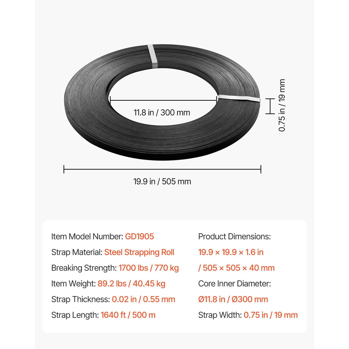 Steel Strapping Coil, 3/4 in x 0.02 in x 1640 ft, Metal Strapping Banding Roll Withstands Harsh Environment, 1700 lbs Break Strength, Heavy Duty Banding Pallet Strap Coil for Pallet Packing