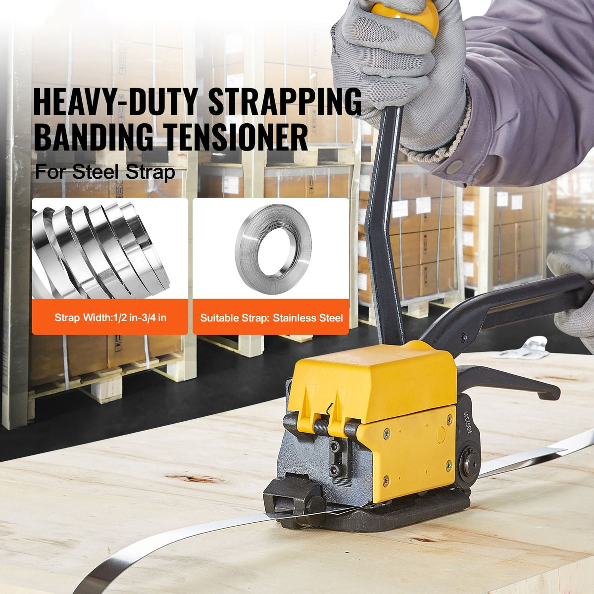 Steel Strapping Tool for 1/2"-3/4" Width, 3-in-1 (Tensioner, Crimper, Cutter) Manual Belt Packaging Banding Machine Packaging Metal Steel Strapping Banding Tool Machine for Stainless Steel Strap