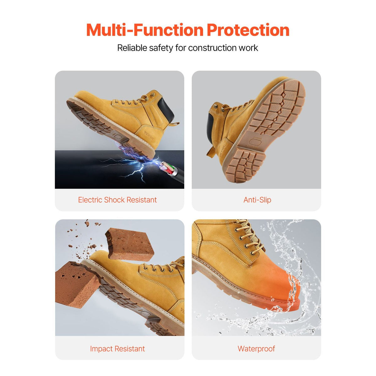 Steel Toe Work Boots, US Size 10, Waterproof Work Boots for Men, Slip-Resistant Work Boot, Lightweight and Breathable Rubber Sole Mens Boots for Industry Construction, Brown Yellow