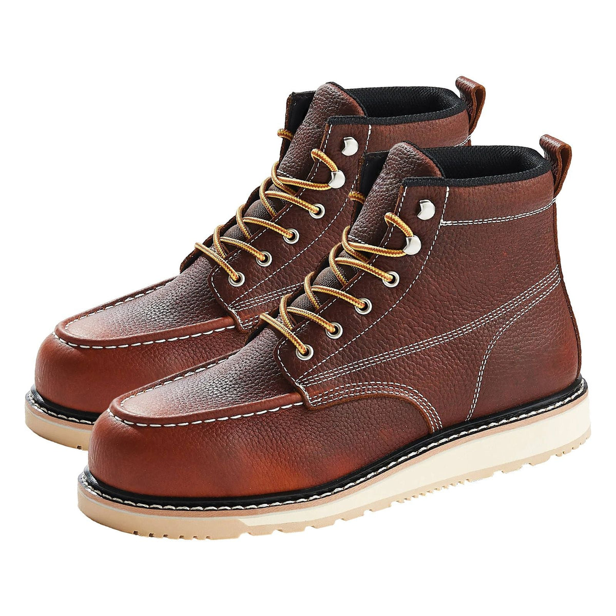 Steel Toe Work Boots, US Size 12, Waterproof Moc Toe Work Boots for Men, Slip-Resistant Work Boot, Lightweight and Breathable EVA Rubber Sole Mens Boots for Industry Construction, Brown