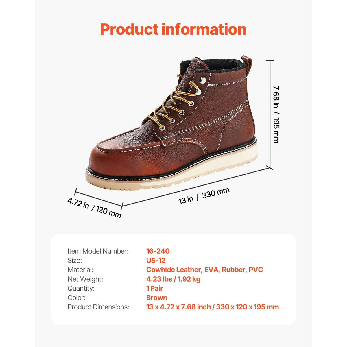 Steel Toe Work Boots, US Size 12, Waterproof Moc Toe Work Boots for Men, Slip-Resistant Work Boot, Lightweight and Breathable EVA Rubber Sole Mens Boots for Industry Construction, Brown